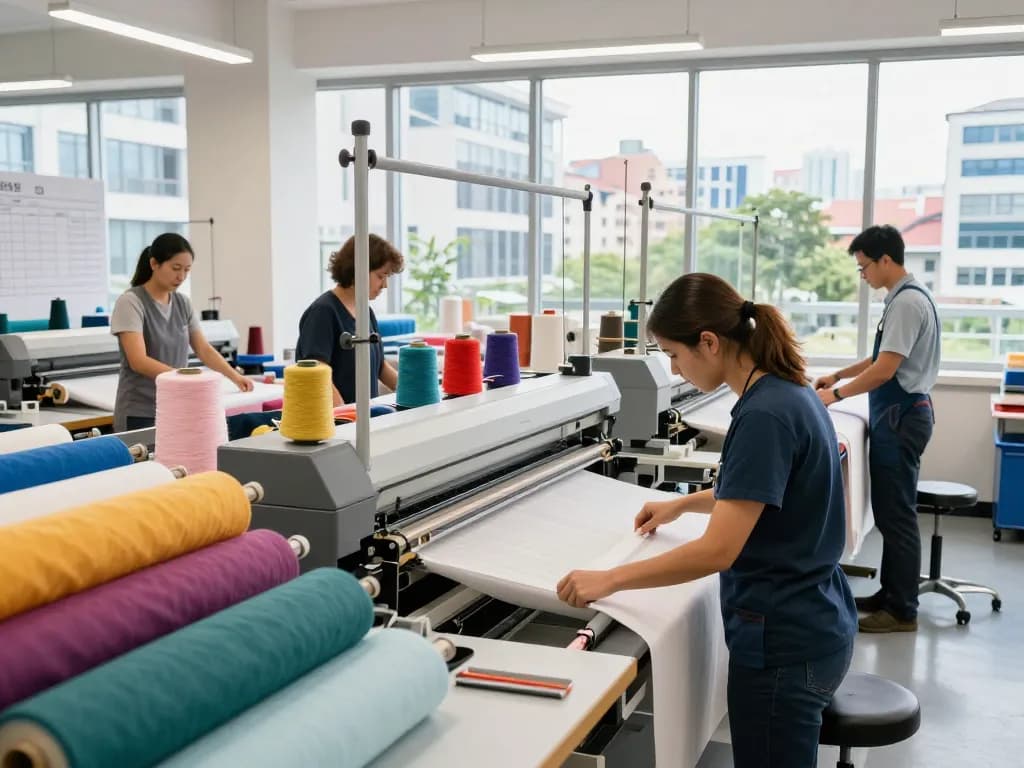 Sunwin textile manufacturing scene with skilled workers producing quality fabrics in a bright industrial workspace.