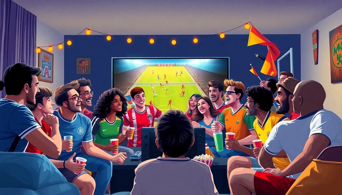 Xoilac fans enjoying a thrilling live football match on TV with excitement and energy.
