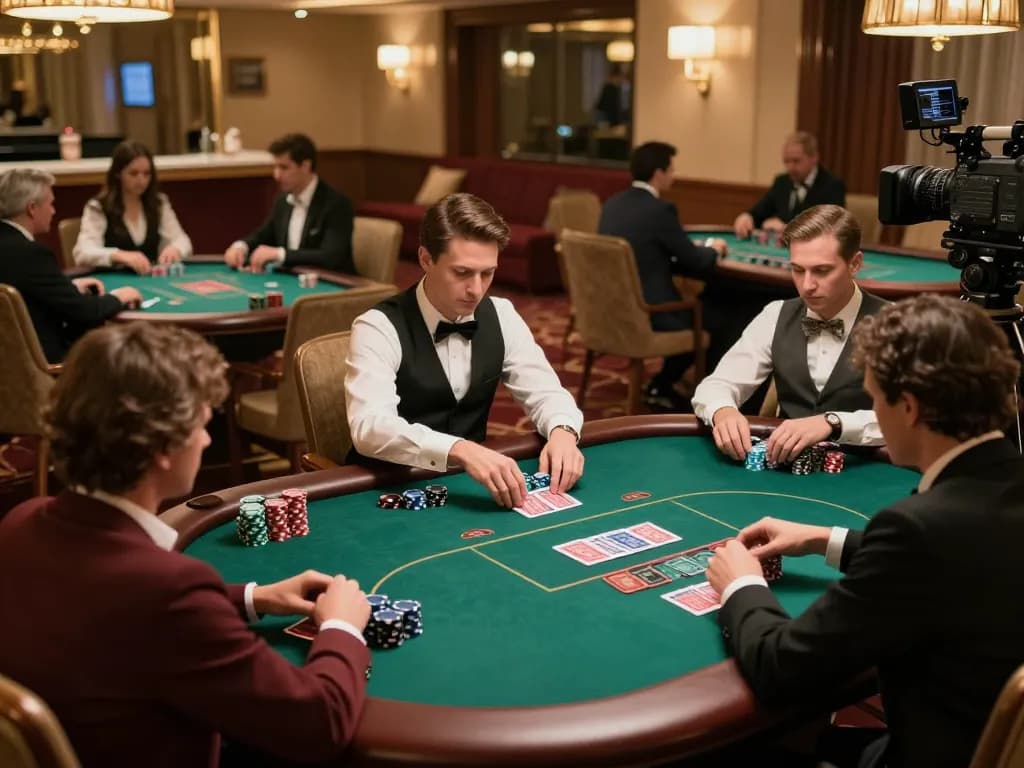 Players immersed in a strategic poker game at the tập đoàn ATQ casino, showcasing intense focus and excitement.