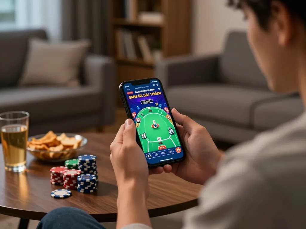Engaged player enjoying Game Bài Đổi Thưởng on mobile app in a cozy home setting.
