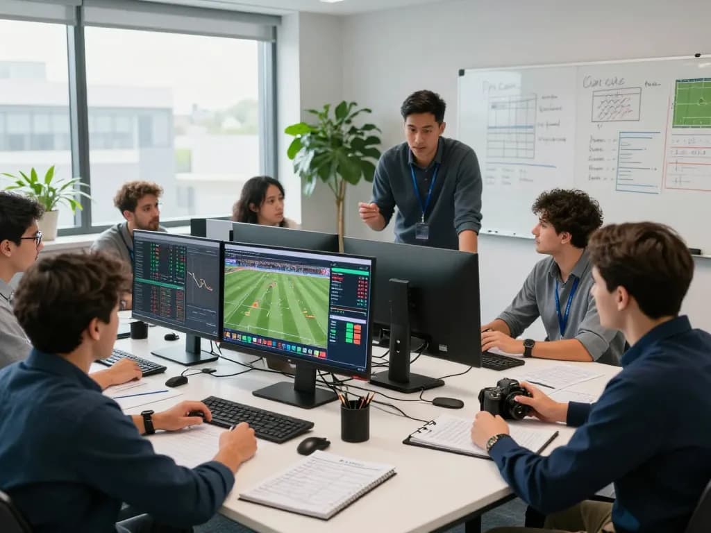 Real-time sports analysts using nowgoal data in a modern office setting.