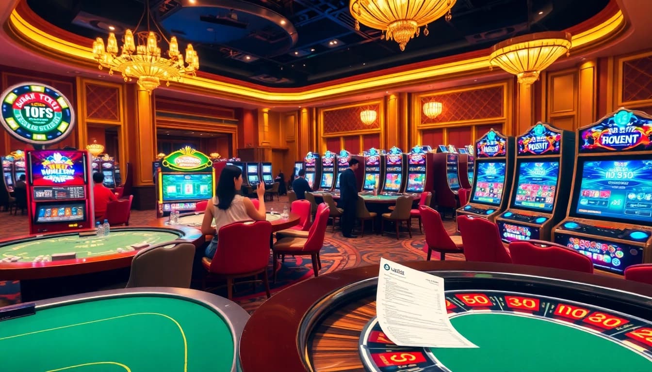 players enjoying the exciting atmosphere at uu88vn.com casino with vibrant slots and poker tables