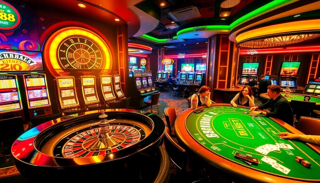 RR88 casino scene with glowing roulette wheel and engaged players at high-stakes poker tables.
