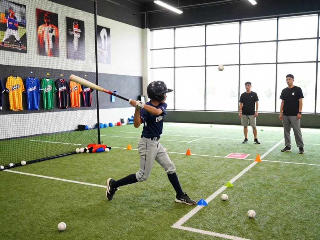 Young athlete at hitclub practicing batting in vibrant indoor facility with pitching machine and training gear.
