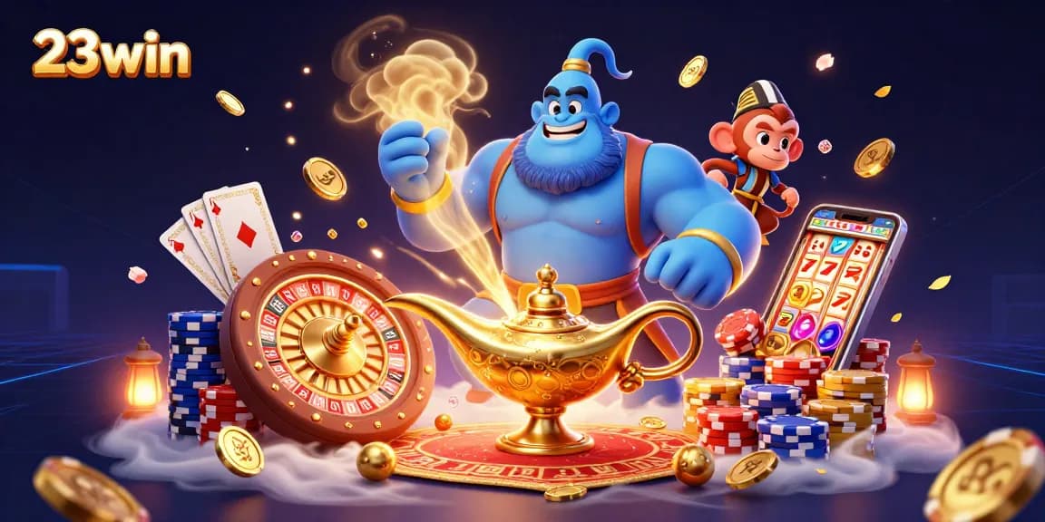 Experience the thrill of 23win with vibrant casino elements and playful characters in a dynamic scene.