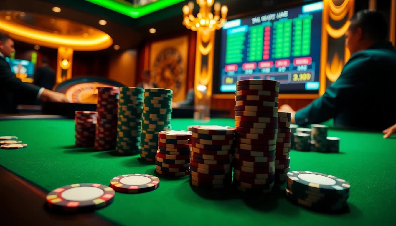 Typhu88 poker scene with vibrant chips and players captivated.