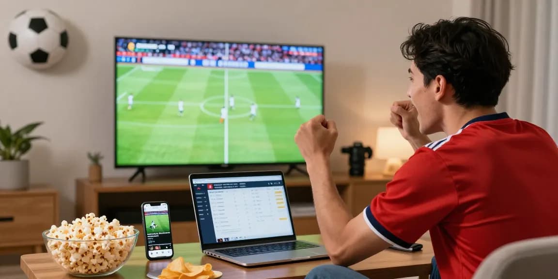 Exciting moment of a fan watching Ca Khia TV live football match, surrounded by snacks, a laptop, and vibrant decor.
