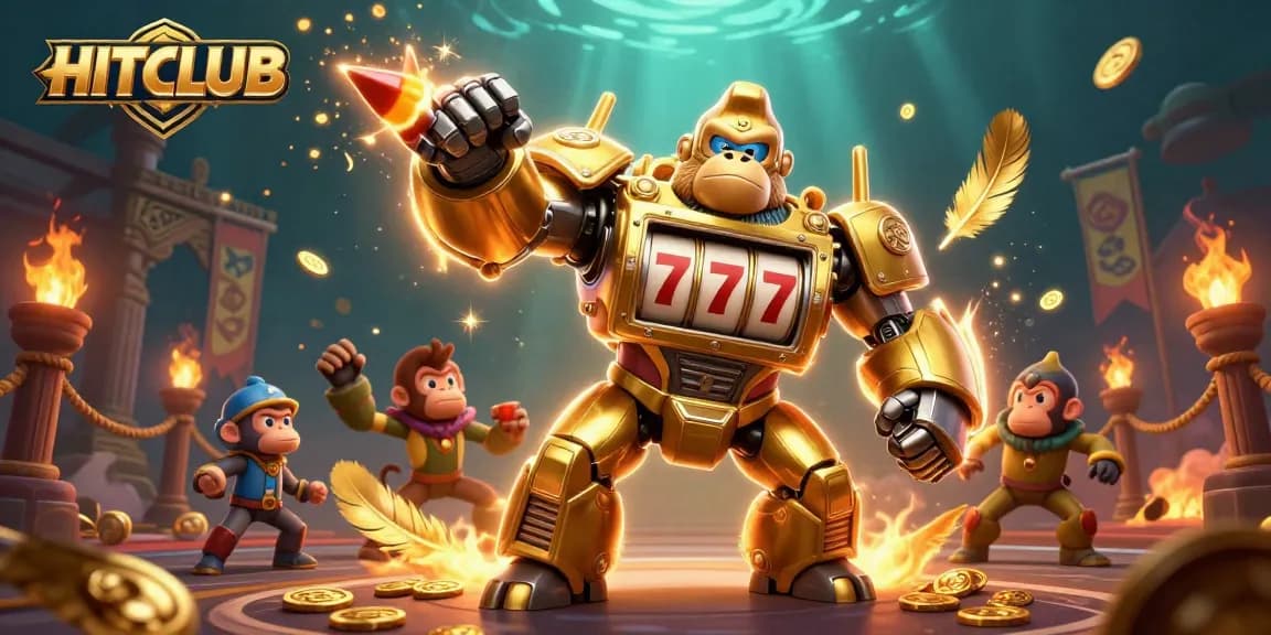 Experience the HITCLUB action with a dynamic golden gorilla mech amidst swirling casino elements.