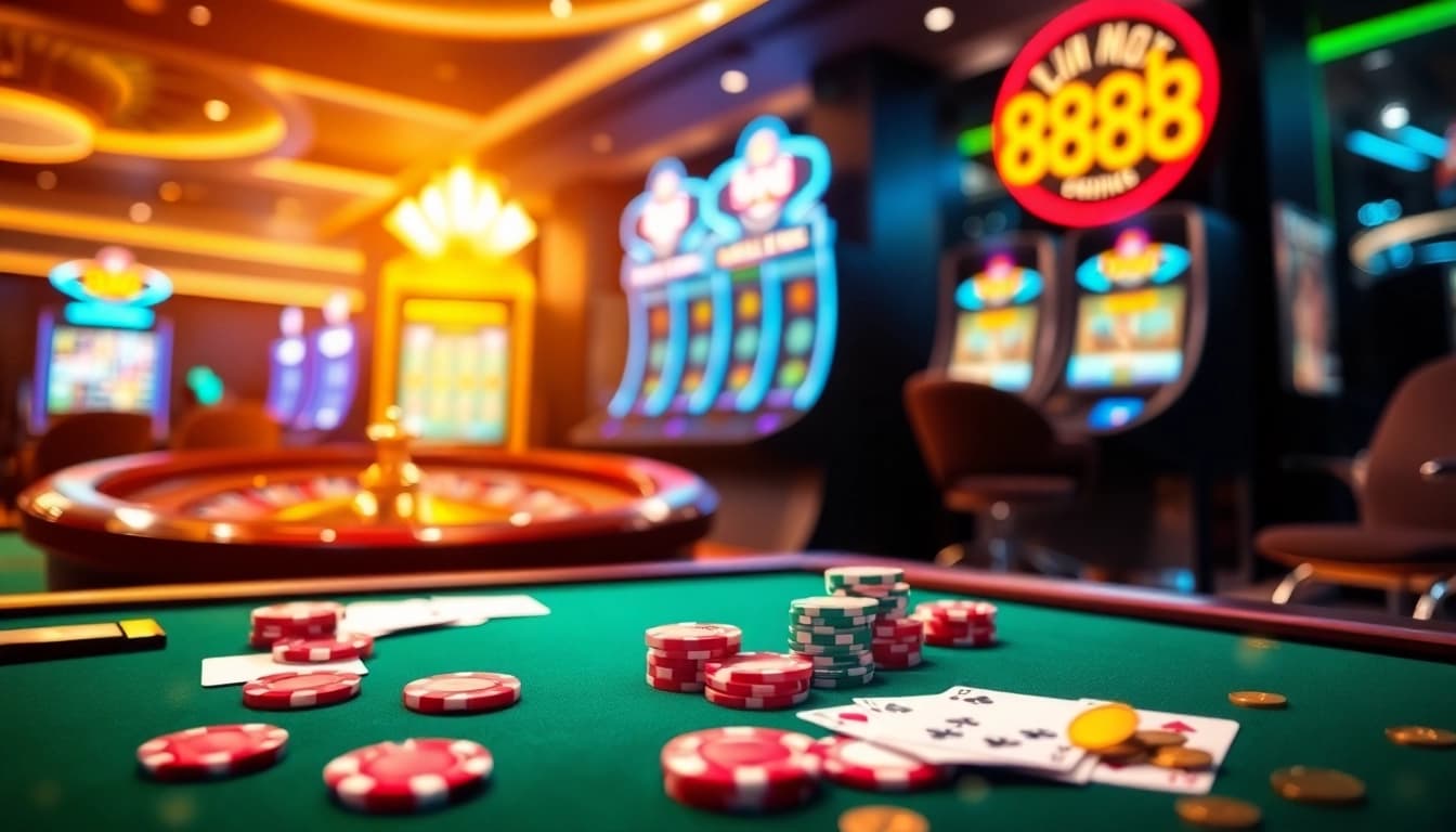 Experience thrilling gameplay at 888b casino with poker chips and colorful slot machines.
