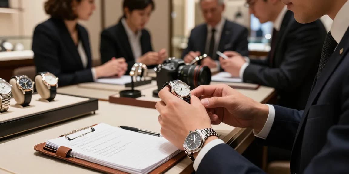 Examining high-quality replica watches in an upscale boutique setting.
