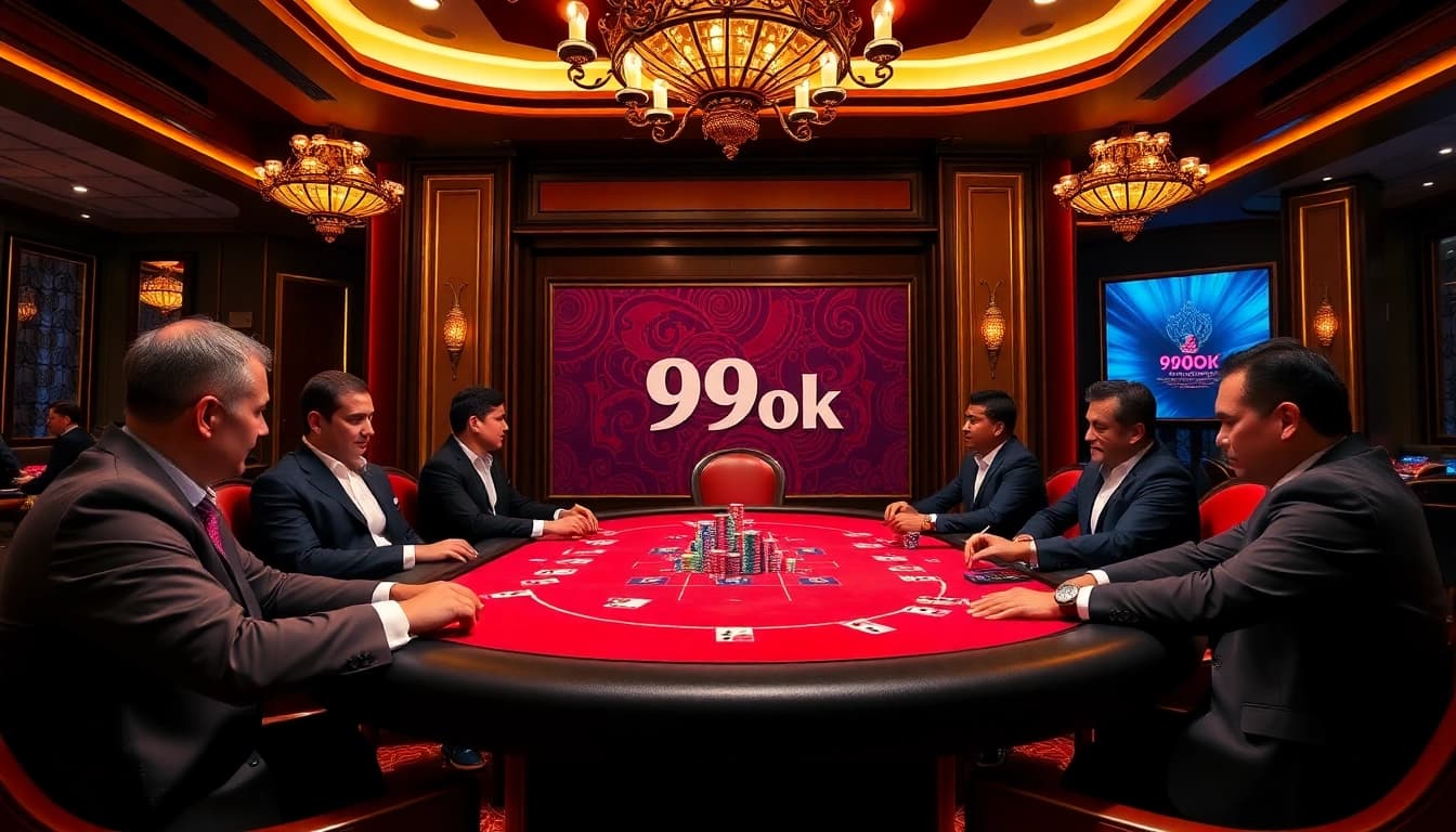 Players engaging at a 99ok poker table, showcasing excitement and strategic betting.