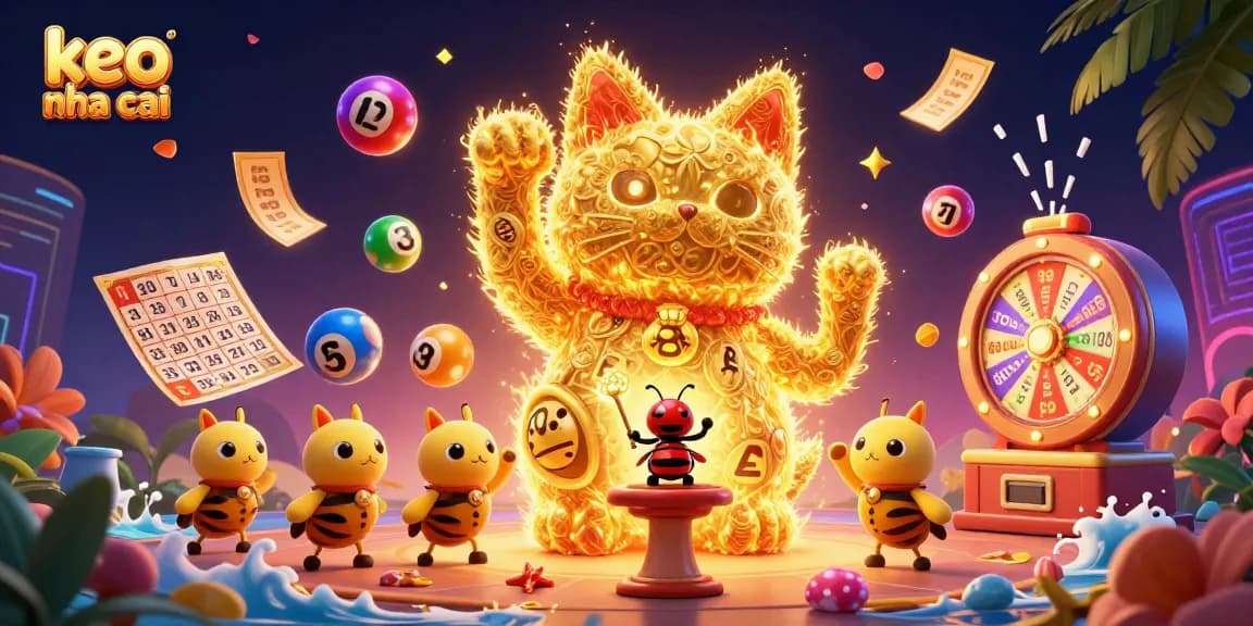 Engage with keo nha cai's vibrant casino scene featuring a lucky cat and magical elements.