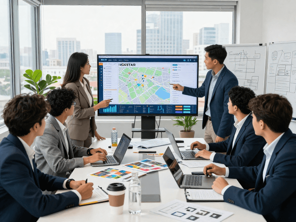 Team discussing IDXSTAR properties in a modern real estate office