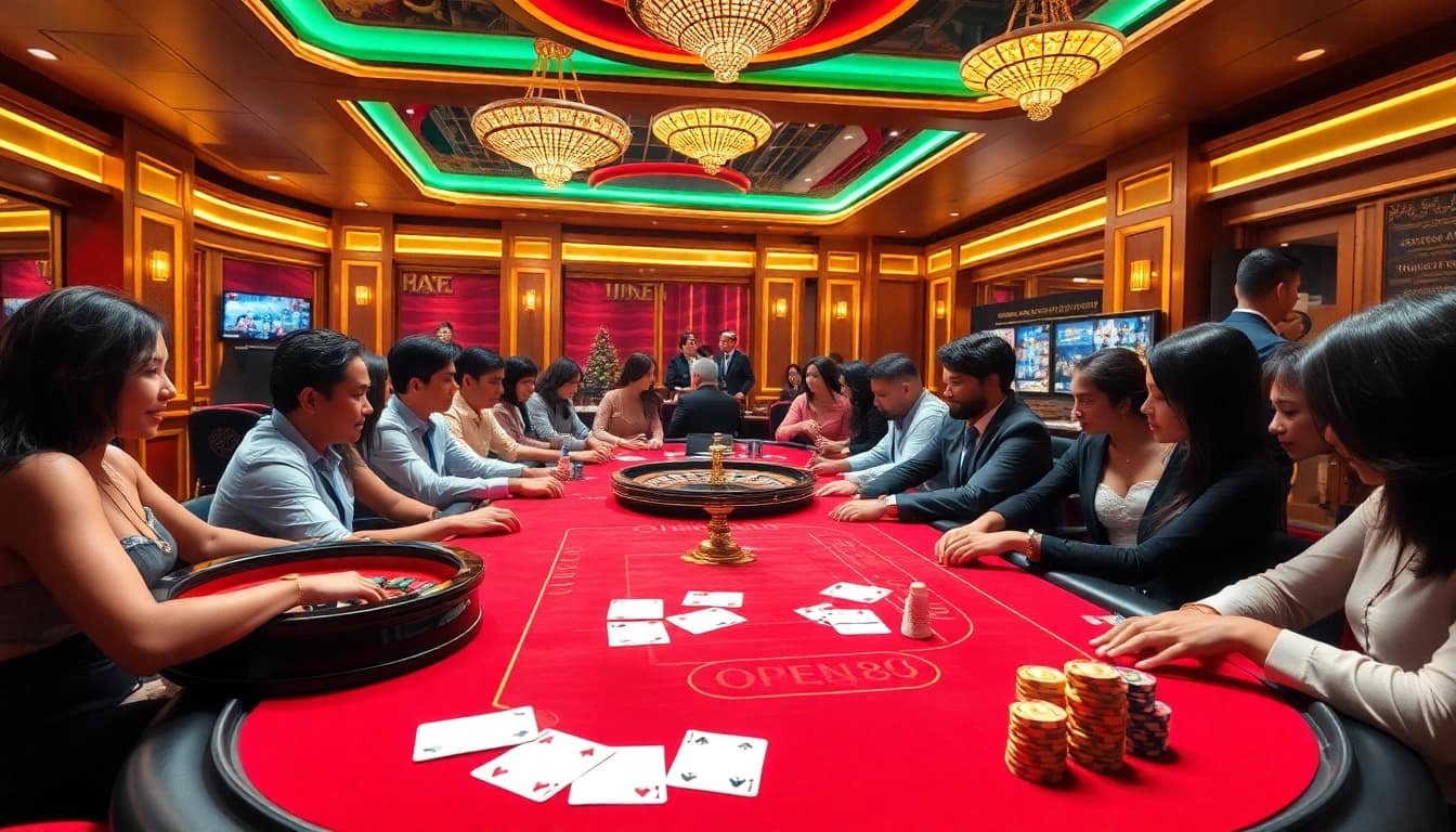 Experience the excitement of open88 with poker players betting at a glamorous casino table.
