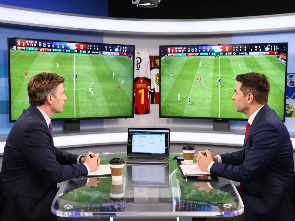 7m sports analysts discussing live football scores in a modern studio setting