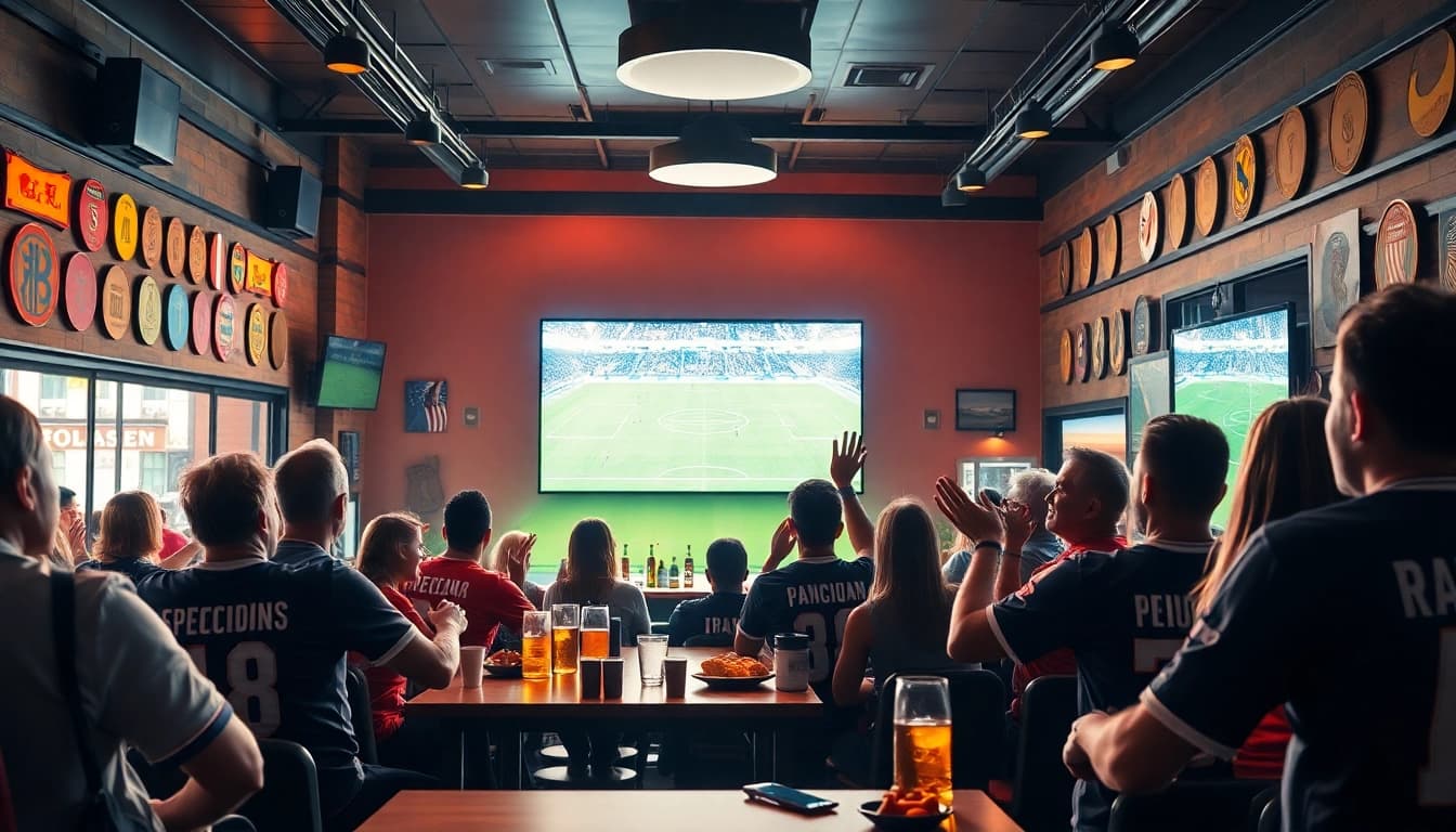 Cakhia TV live football viewing experience in a vibrant sports bar atmosphere.
