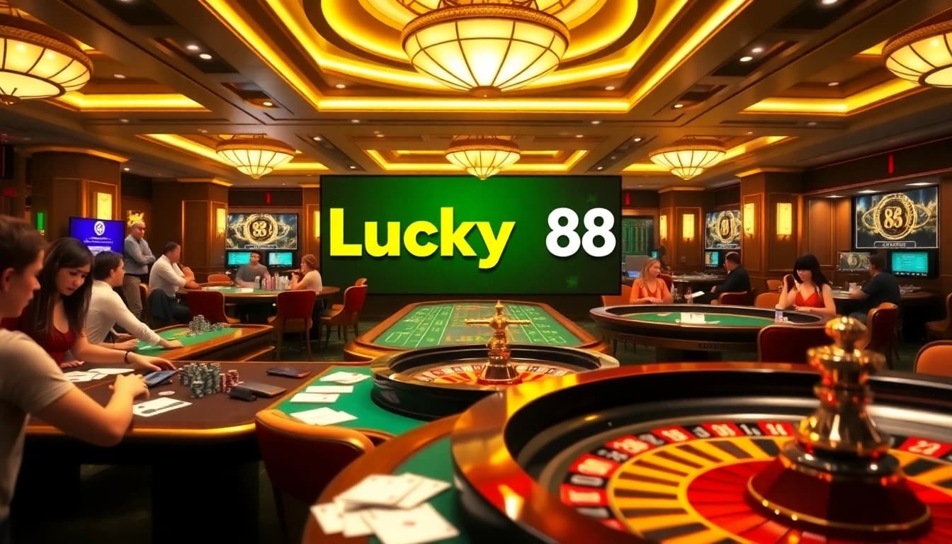 Exciting Lucky88 gaming experience with casino tables, chips, and online interface.