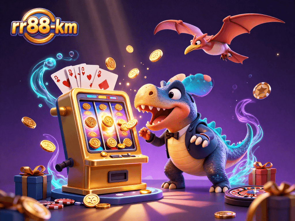 Spin the golden slot machine to win jackpots with rr88-km in this dynamic 3D casino scene.
