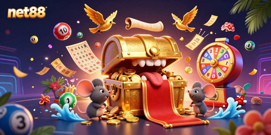 Engage in vibrant lottery excitement at net88 with a 3D treasure chest and dynamic elements.