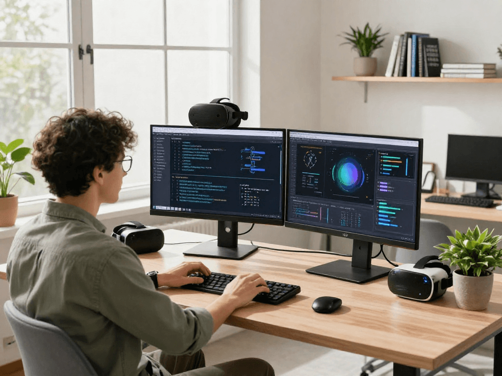 AI +18 workspace with dual screens showcasing algorithms and data visualizations in a bright, modern office setting.