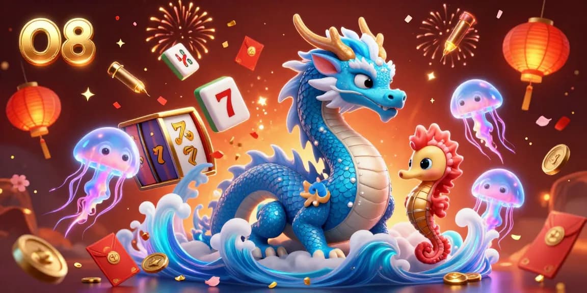 Experience thrilling slots at O8 with a vibrant 3D casino scene featuring a fantasy dragon and seahorse knight.