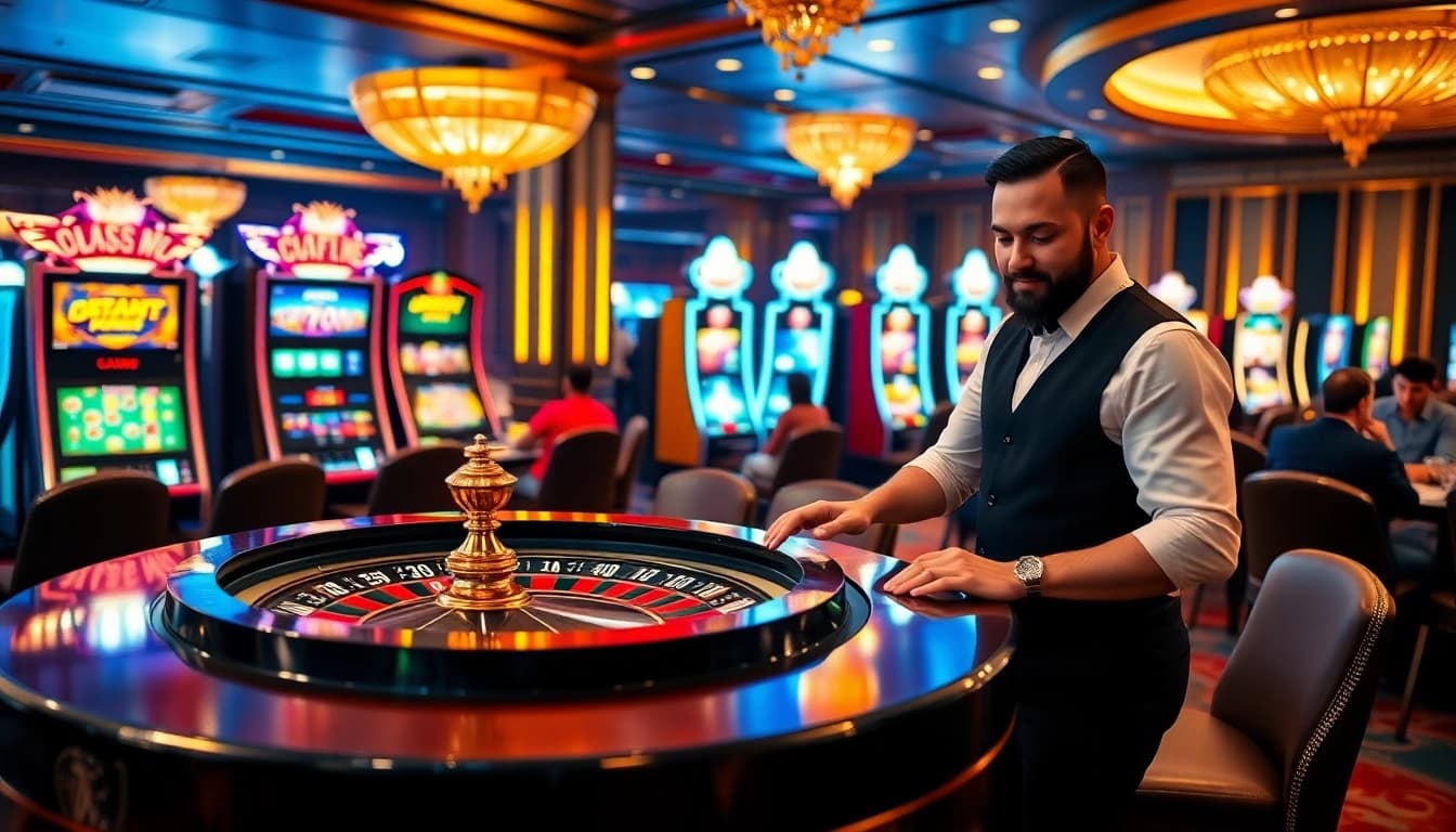 Experience the thrill of winning at https://69vn15.top/ with a professional dealer at a vibrant casino table.