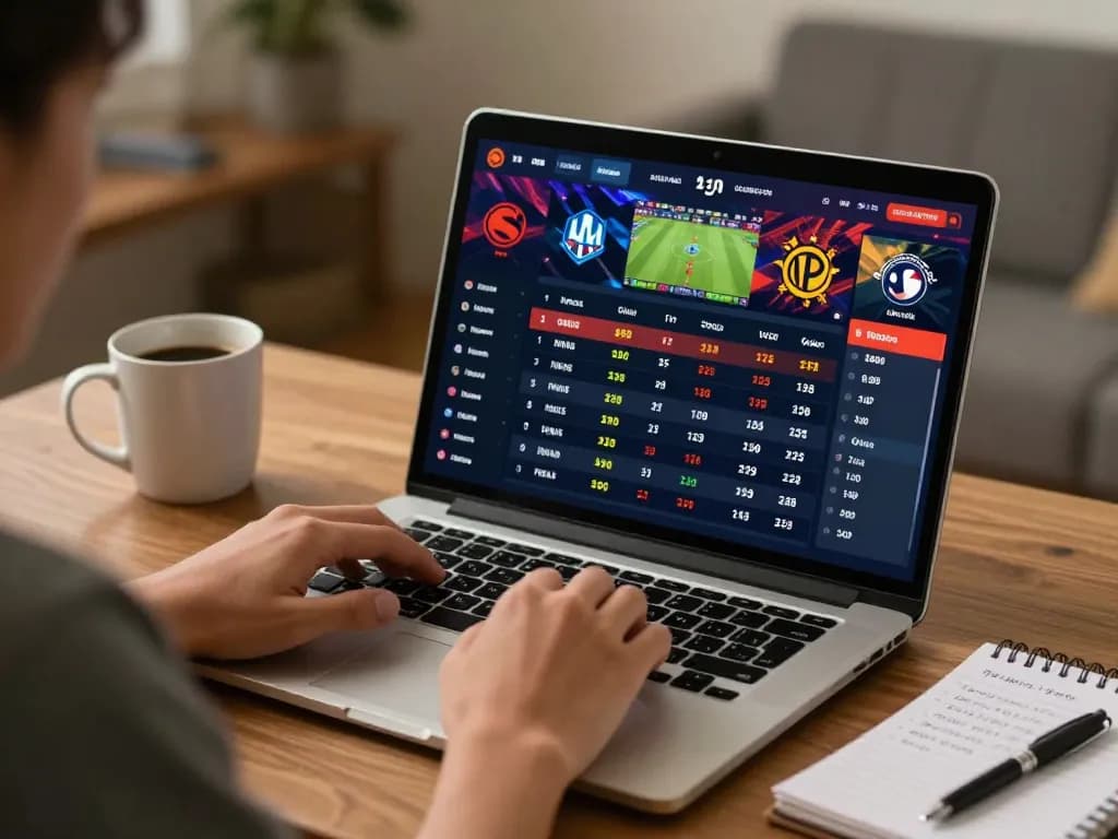 Engaged sports bettor analyzing odds for keo nha cai on laptop in cozy home setting.