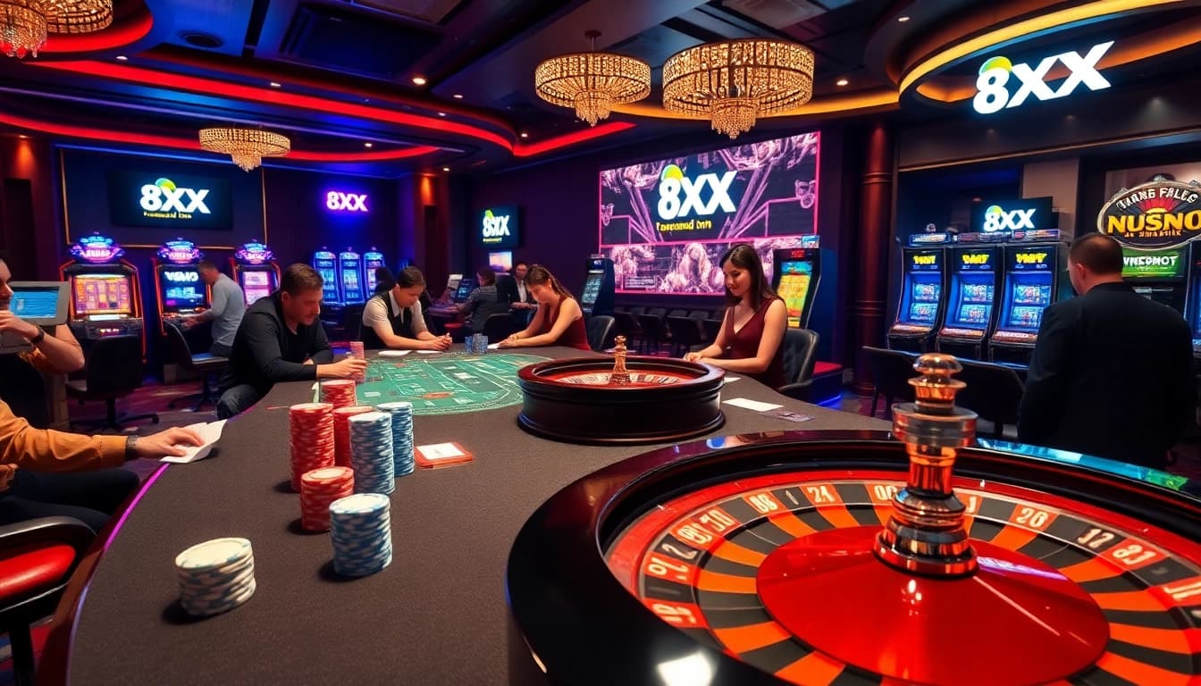 Players enjoying an engaging gambling experience at nhà cái 8XX with vibrant casino tables and digital interfaces.