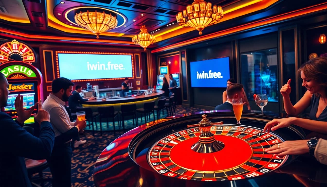 Experience the thrill of iwin.free at a radiant casino scene showcasing high stakes and excitement.
