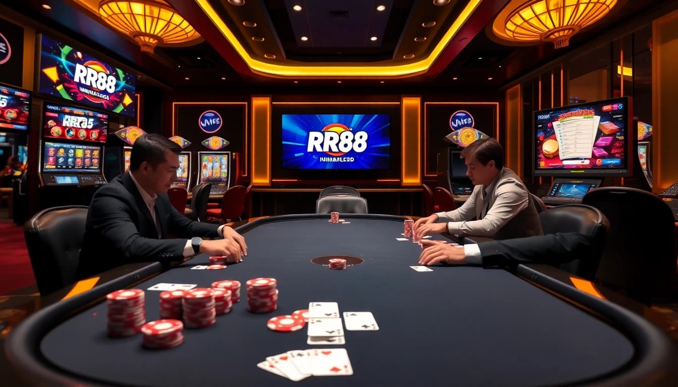 Exciting poker game scene at nhà cái RR88 showcasing professional players and vibrant casino elements.