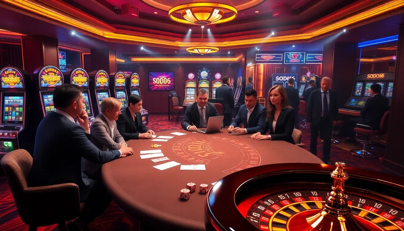 SODO66 poker players enjoying a luxurious casino atmosphere with vibrant slot machines and roulette.