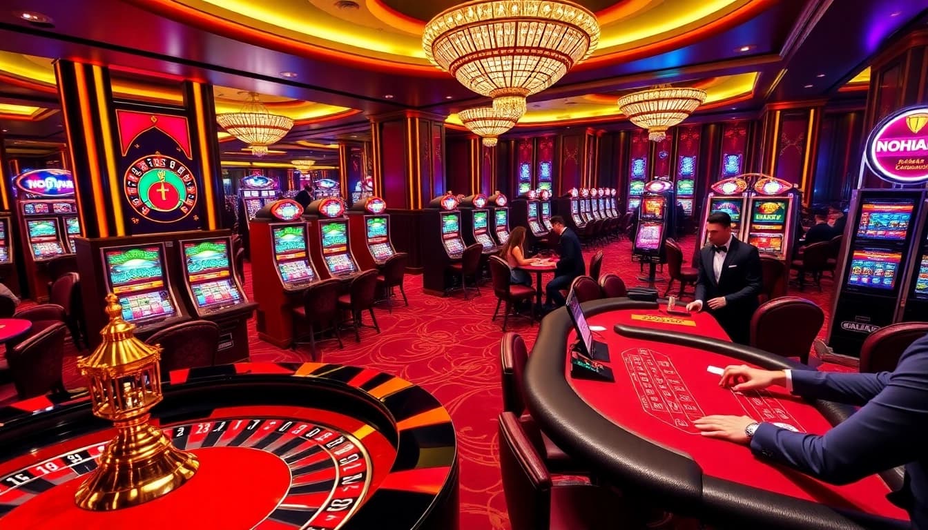 Players enjoy a high-stakes game at NOHU90 casino tables, surrounded by luxurious decor and excitement.