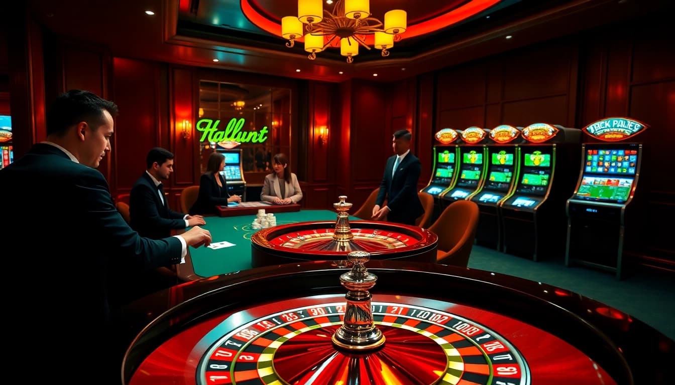 hitclub online gambling scene with roulette table, poker players, and vibrant slot machines