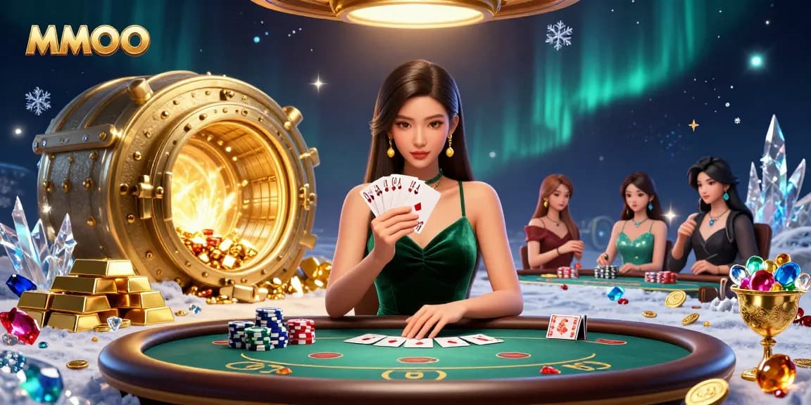 Experience the excitement of MMOO with a beautiful Asian poker player at a luxury table amidst sparkling treasures.