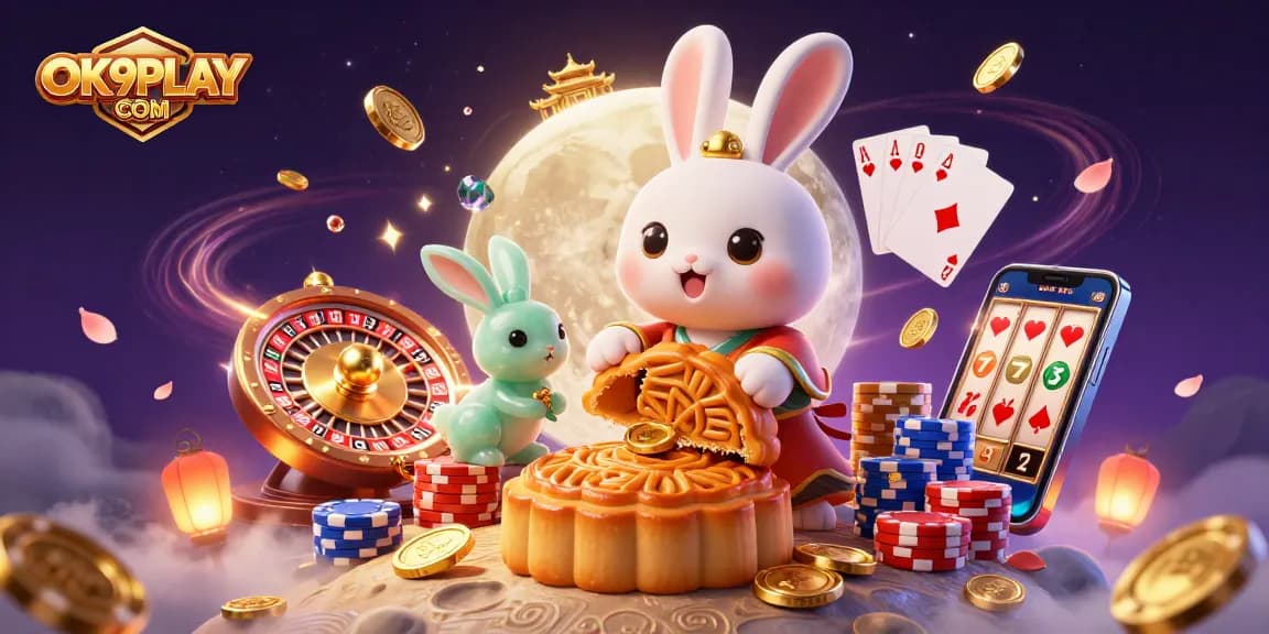 Experience casino excitement with OK9PLAY COM in this vibrant 3D illustration featuring lucky symbols and festive elements.