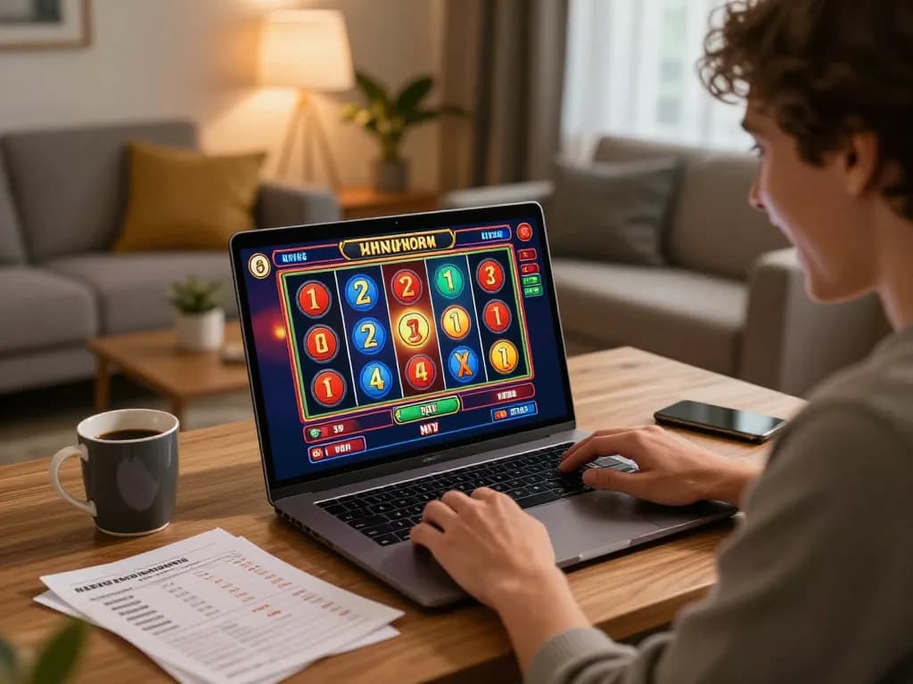 3win player enjoying an online slot game in a cozy living room setting with a laptop and strategy notes.