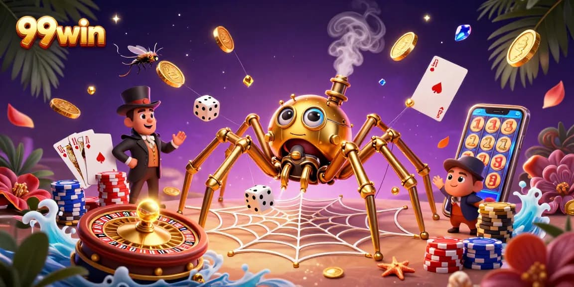 Win big with 99win's vibrant steampunk casino scene featuring a web of luck.