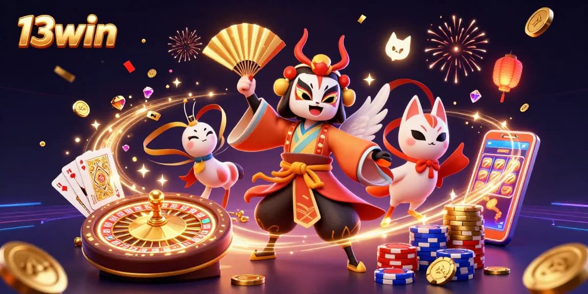 Win big at 13win with vibrant characters and sparkling casino elements in this engaging illustration.