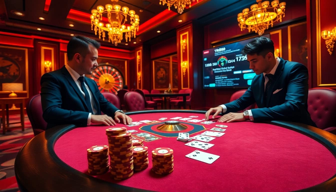 TR88 players enjoying a high-stakes poker game at an elegant casino table.