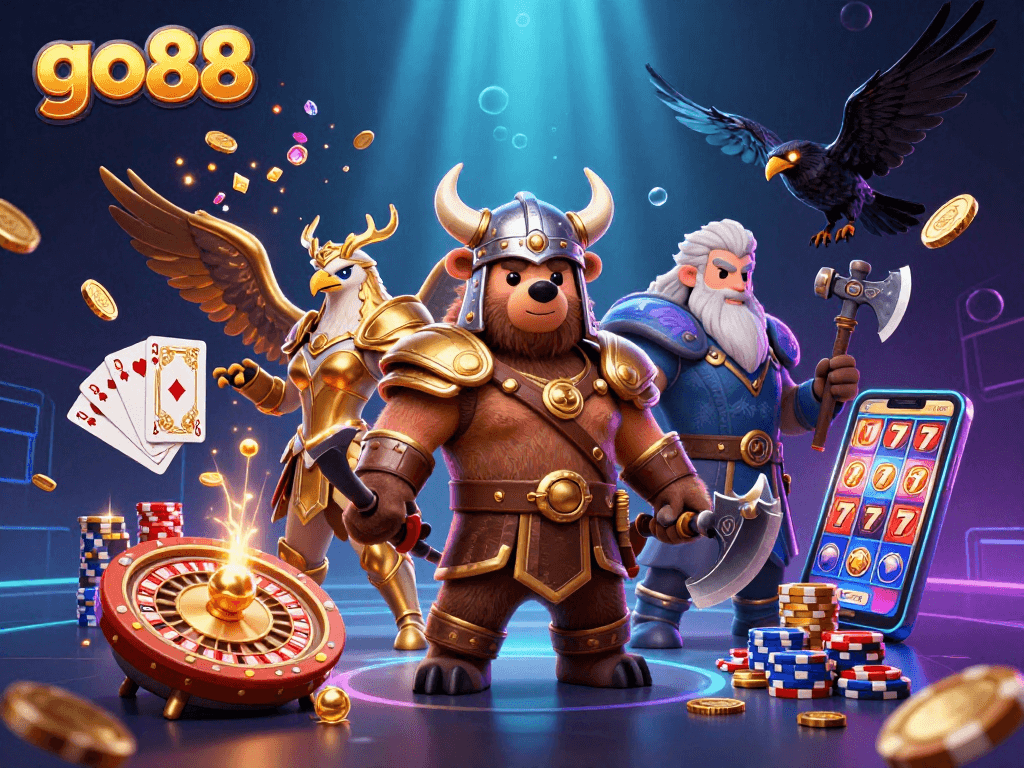 Engage in thrilling games at go88, featuring Viking warriors and casinos elements.