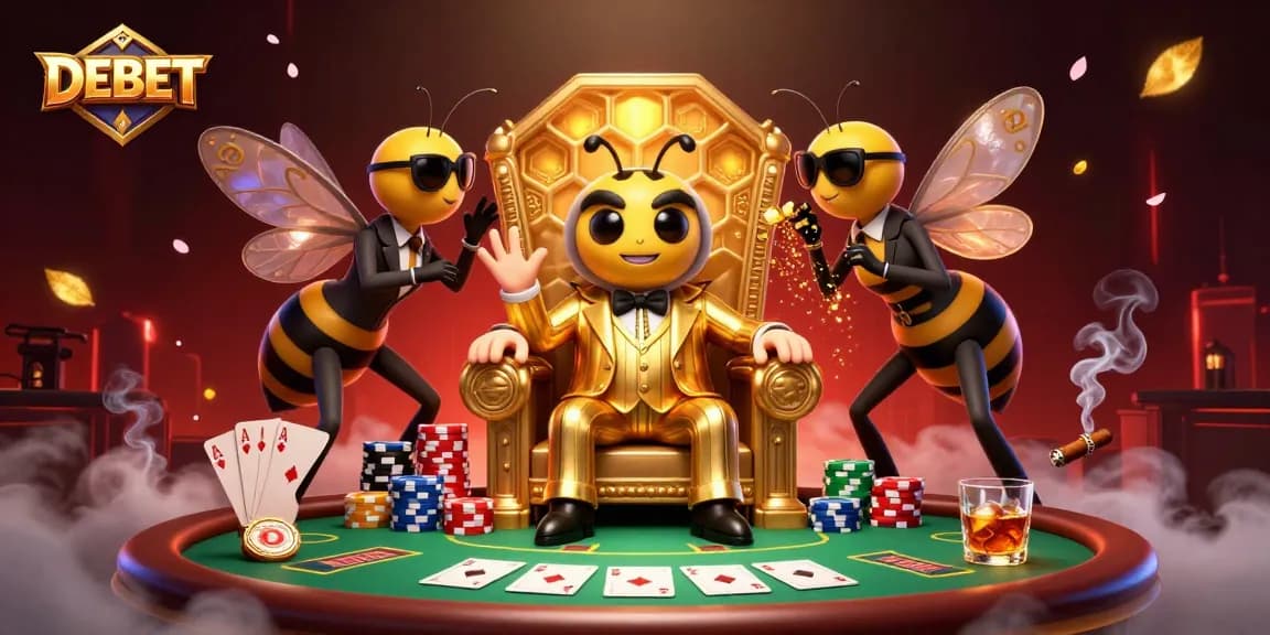 Engage with the DEBET mob boss in a dynamic poker scene filled with winning strategies and vibrant casino elements.