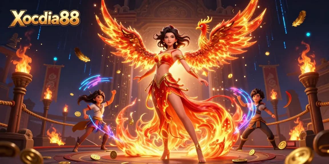 Xocdia88 attracts players with vibrant casino energy depicted in a stunning 3D illustration of a fiery warrior and phoenix.