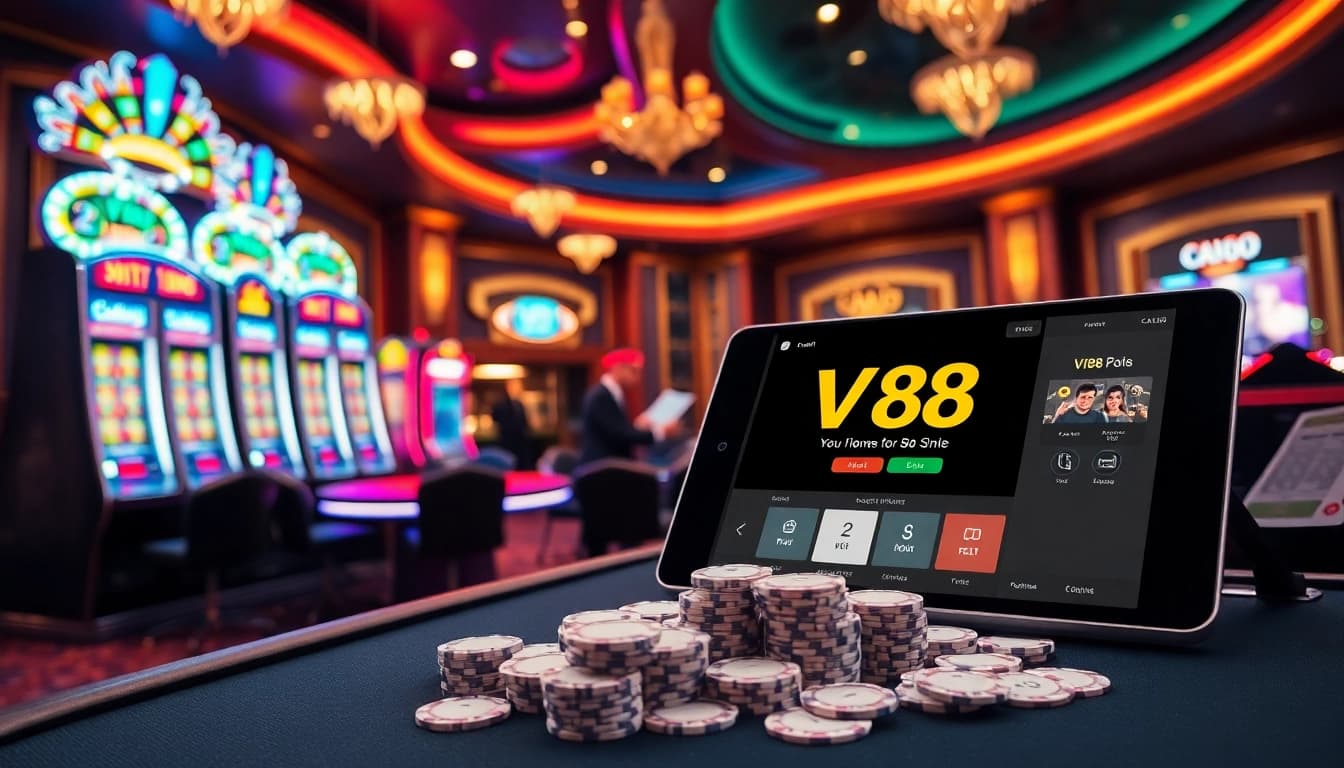 Engage in thrilling gambling at vip88.games with vibrant casino tables, luxurious slot machines, and colorful chips.