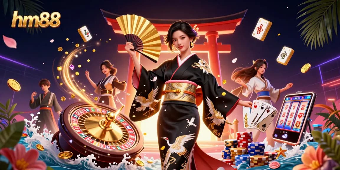 Experience high-stakes gaming at hm88 with elegant characters and casino elements amidst dazzling visuals.