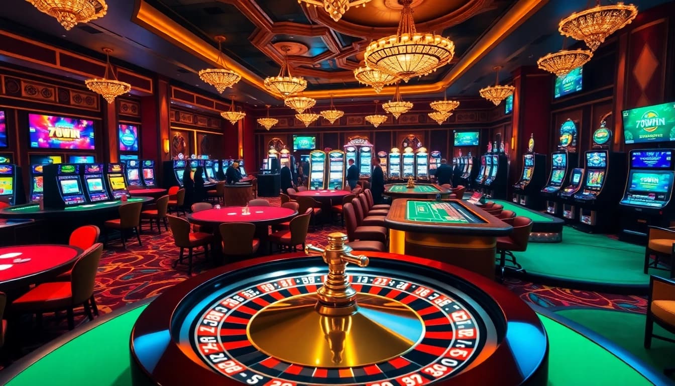 Experience the vibrant atmosphere of 78WIN's luxurious casino scene with roulette and slot machines.