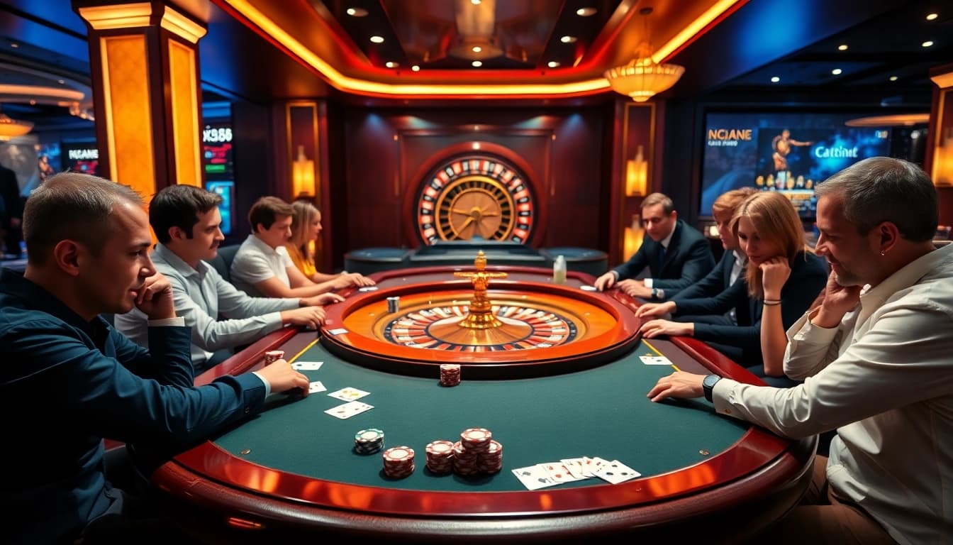 Experience thrilling gaming at https://xx88.pro/ with a vibrant casino table and engaged players.