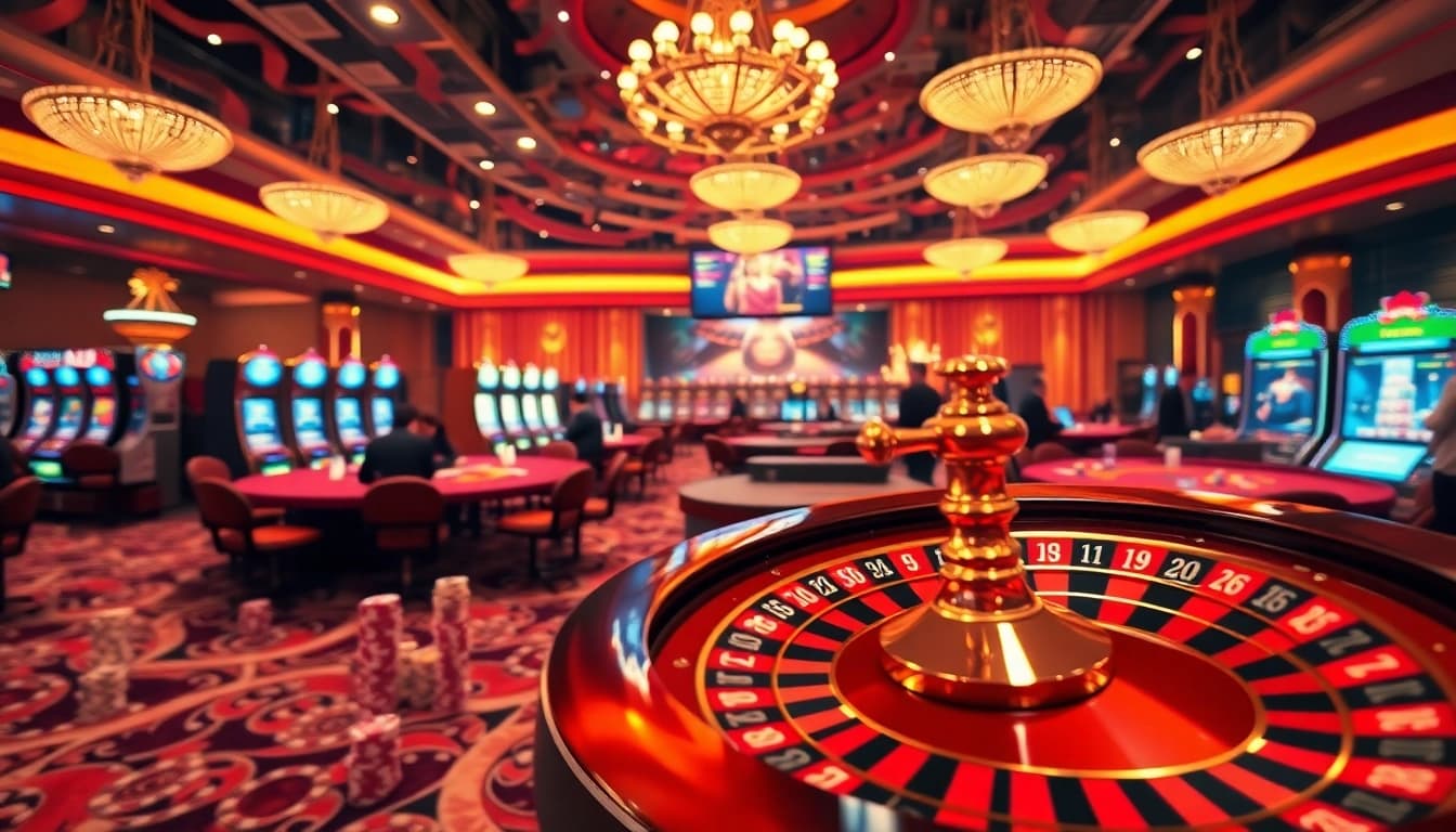 A thrilling gaming atmosphere at nhà cái F168 with sophisticated casino tables and exciting slot machines.