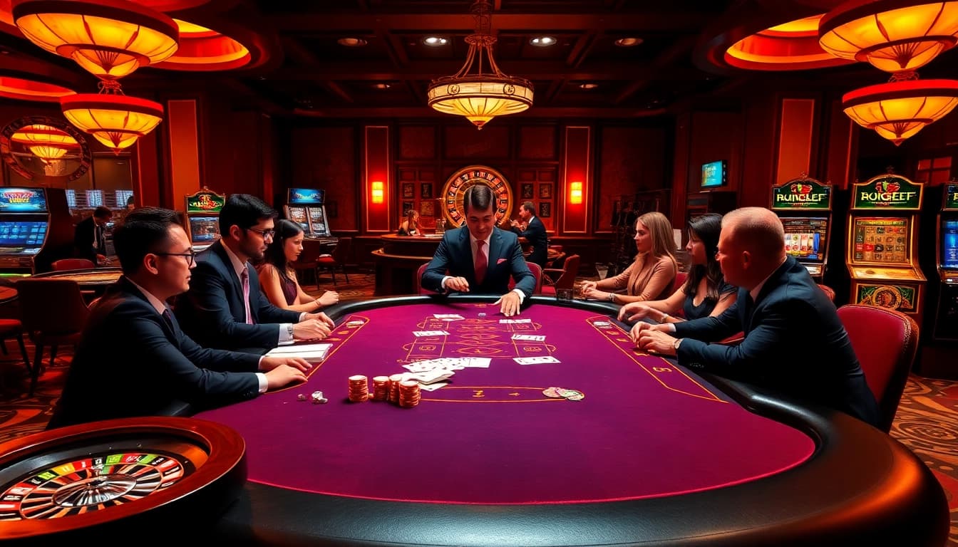 Experience exhilarating gameplay at Soibet ไทย with enthusiastic players at a poker table filled with chips and cards.