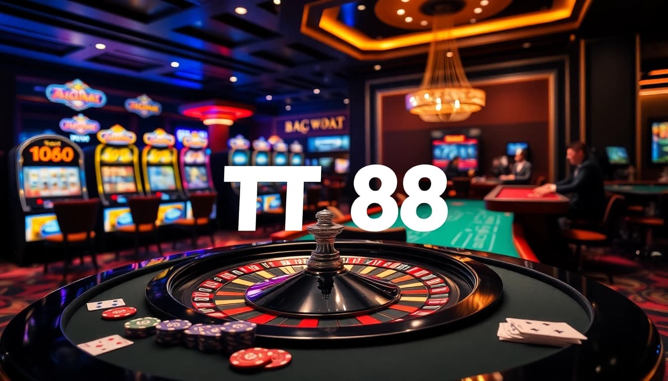 TT88 logo displayed at an upscale casino highlighting exciting gambling action.