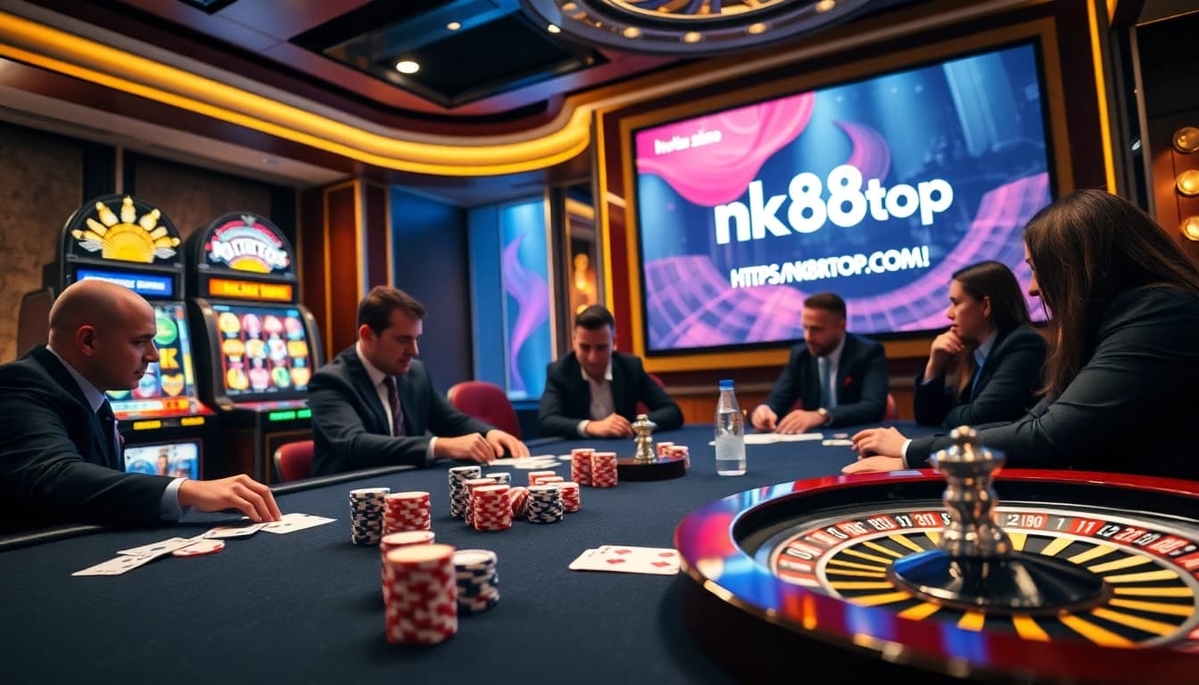 Engaged gamblers at a high-stakes poker table inspired by https://nk88top.com/ during an exciting game night.
